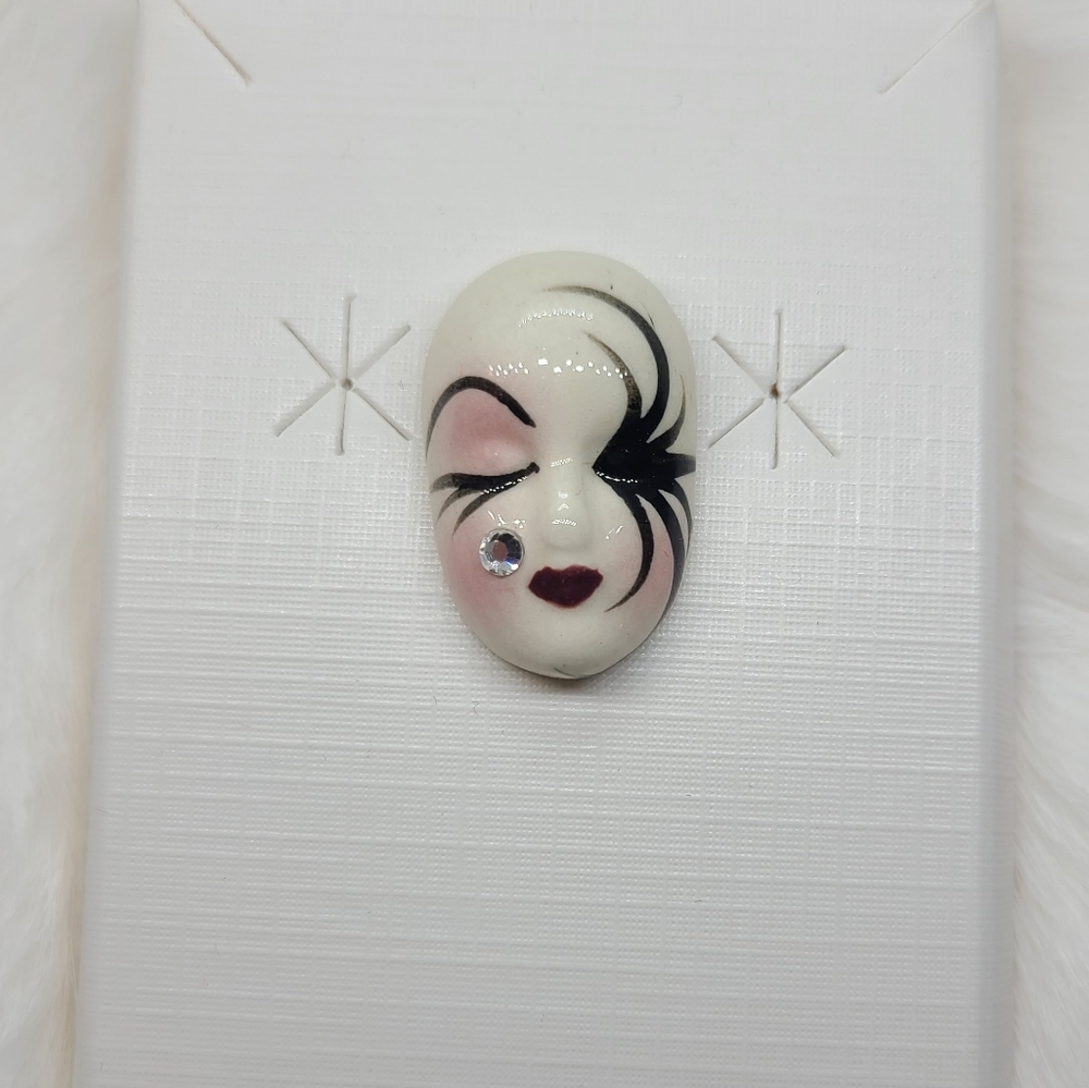 Vintage Fancy Faces Brooch Pin Handpainted Porcelain Maskwith Rhinestone